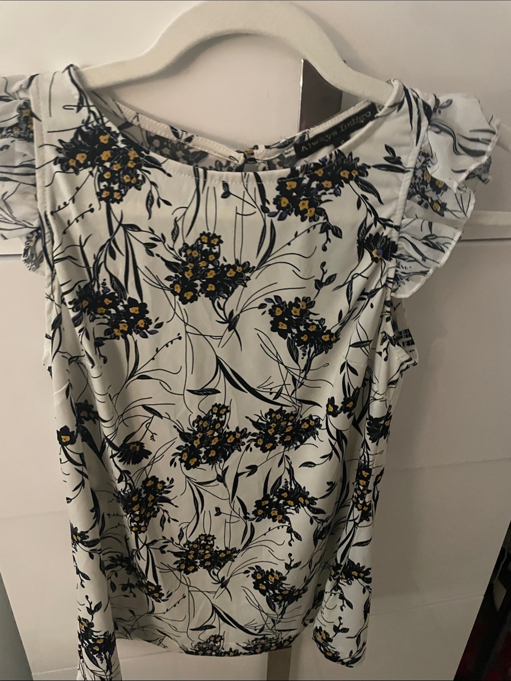 Floral Ruffle Sleeve Blouse - White with Navy & Yellow Floral